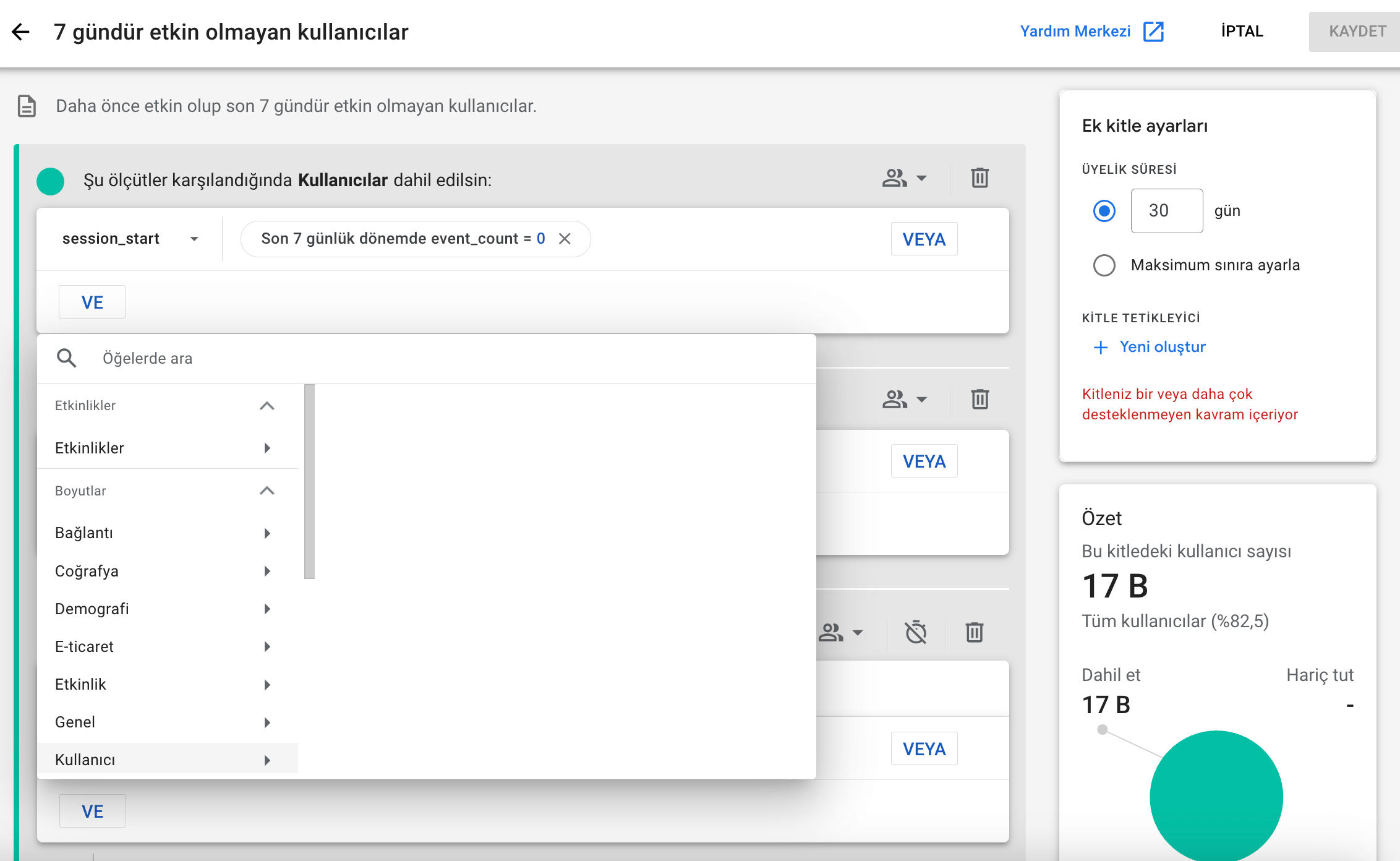 Google Analytics 4 Hedef Kitle Koşul Detayı